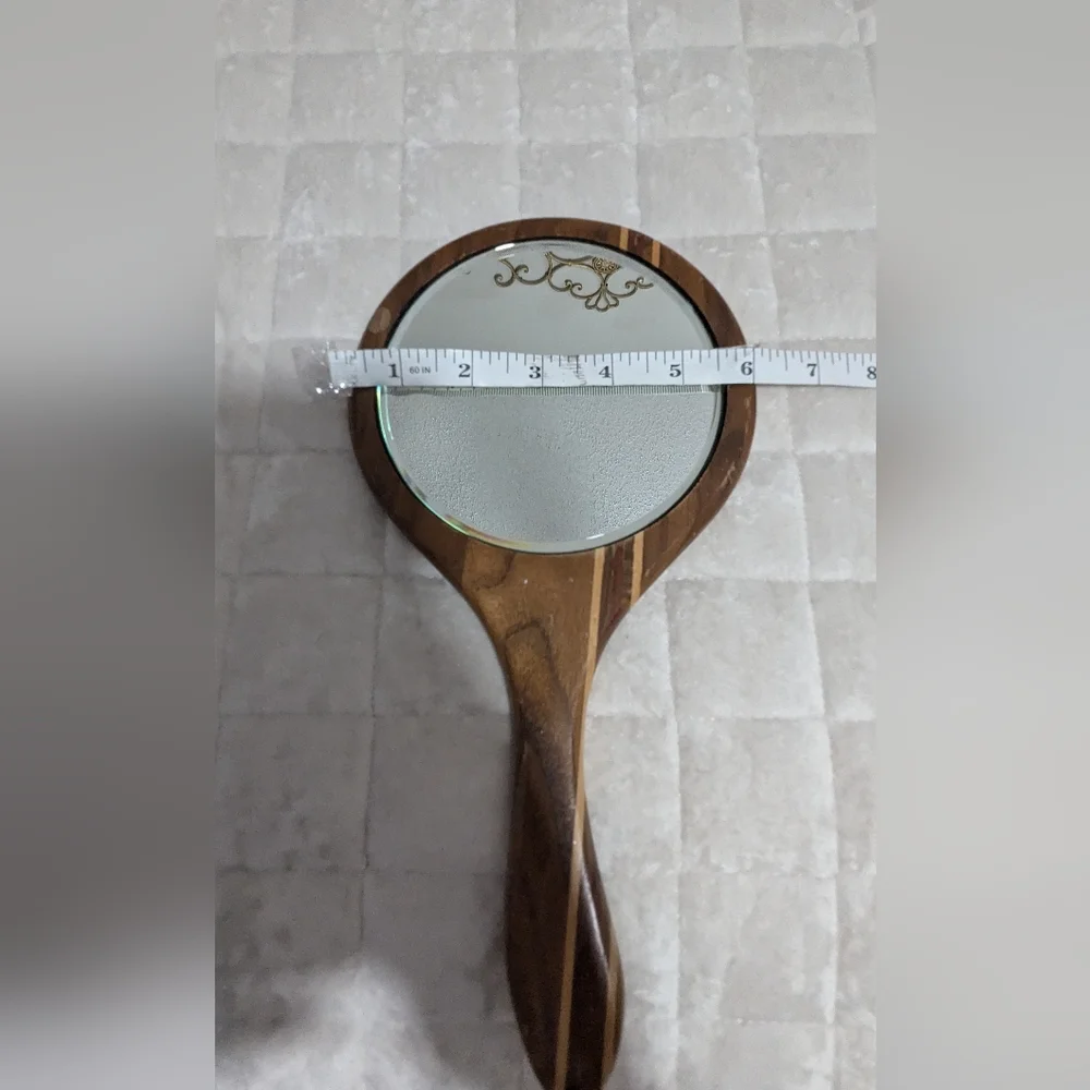 Antique Beveled Wooden Inlayed Hand Held Mirror Art Deco Handmade